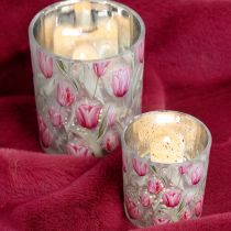 položky Dekoratívny sklenený lampión s tulipánovým dizajnom pre jarné dekorácie do domácnosti, 8 cm, 4 kusy.