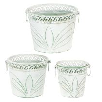 položky Kovový kvetináč s reliéfnym vzorom a rúčkami, biely a zelený, štýl shabby chic, V 22/19,5/17,5 cm, Ø 25,5/20,5/15,5 cm, sada 3 kusov