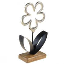 Kvetinová kovová dekorácia strieborná čierna drevený podstavec 15x29cm