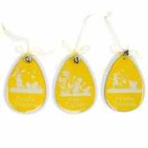 položky Ozdobné veľkonočné vajíčka na zavesenie biele, žlté drevo Veľkonočná dekorácia jarná dekorácia 6 kusov