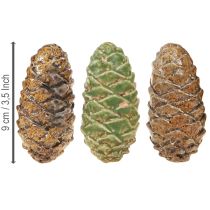položky Dekoratívne keramické šišky, rôzne farby: zelená, žltá, hnedá, 8,5 cm, 6 kusov