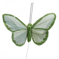 položky Ozdobné motýliky zelené perie motýliky na drôte 10cm 12ks