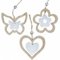položky Ozdobný vešiak srdce kvet motýľ prírodný, strieborná drevená dekorácia 6 kusov