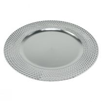 položky Ozdobný tanier okrúhly plastový dekoratívny tanier strieborný Ø33cm