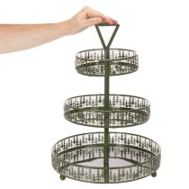 Článok Kovový poschodový servírovací stojan, zelený, tri úrovne, jedľová dekorácia, okrúhly, 49 cm