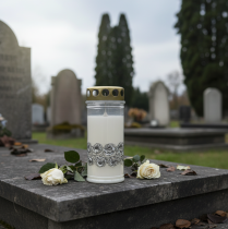 položky Náhrobná sviečka biele ruže strieborné smútočné svetlo Ø7cm V18cm 77v