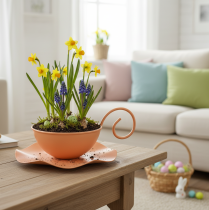 položky Kovový dekoratívny hrnček, oranžový, Ø11,5 cm, V6 cm, s podšálkou, 2 kusy