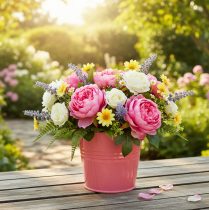 položky Kovový kvetináč s ružovou rukoväťou, vedro 16x17,5x16cm, 2 ks