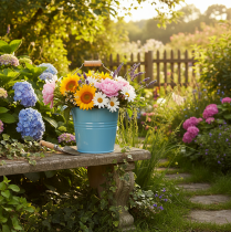 položky Dekoratívne vedro, kovové, drevená rukoväť, kvetináč, modré, výška 16 cm, 2 kusy