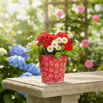 položky Červeno-biely mini kvetináč, kvetinový vzor, kov, Ø10,5 cm V10,5 cm