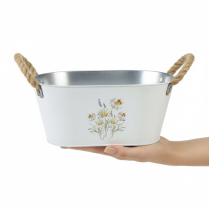 položky Dekoratívna oválna kovová misa, biela, prírodný kvetinový dekor, D26 cm