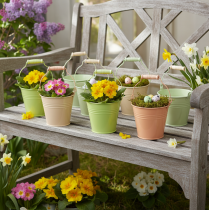 položky Vedro s uškom, kvetináč s prvosienkovou prírodou, kovový pastel 11,5 × 8,5 cm, 8 ks