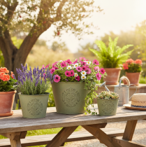 položky Kovový kvetináč, zelený, vintage, Ø22 cm – 13,5 cm, sada 3 kusov