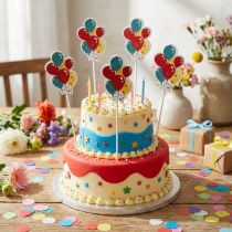Článok Kvetinová zátka kytica ozdobná torta balóniky farebné 26cm 15 ks