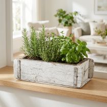 Článok Tvar tehla, tehlová krabica, drevená krabica s kovovým kovaním starožitná povrchová úprava, biela umývaná L32cm V9cm