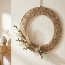 Článok Letná nástenná dekorácia, boho štýl, juta a kov, Ø49cm, závesná dekorácia, veniec zo sušených kvetov, vintage štýl