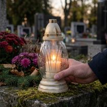 Článok Hrobová svetlá sklenená váza retro náhrobný lampáš číre biele zlato Ø11cm V26,5cm