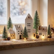 Článok Mini vianočná dedinka drevená dekorácia biela prírodná V13/7cm 6 ks