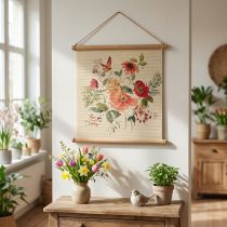Článok Nástenná dekorácia z kvetinovej tkaniny, drevená bambusová rohož s jutovou šnúrou, V44 x Š42 cm do obývačky