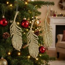 Článok Ozdobné pierka, ozdoby na stromček s trblietkami, adventná dekorácia, pierka na zavesenie Zlaté L22cm 12 kusov