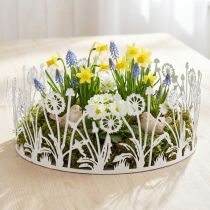 Článok Dekoračný podnos s púpavami, kovová dekorácia na jar biela, strieborná shabby chic Ø25cm V10,5cm