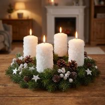 Článok Sada adventných sviečok, dizajn snehovej gule, biela – stĺpikové sviečky 100/60 mm na adventný veniec a vianočné dekorácie, balenie 4 kusov