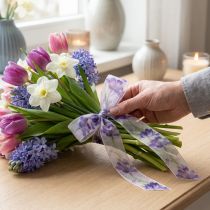 Článok Organzová stuha, šifónová stuha, papagájové tulipány, fialová, 40 mm, 18 m