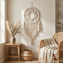 Článok Nástenná dekorácia Macramé Sneh Lapač, krémová, boho, ručne vyrobená, 29 × 72 cm do obývačky a spálne