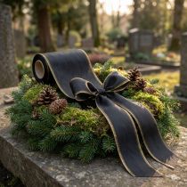 Článok Elegantná moaré stuha na veniec, 175 mm čierna s perleťovým okrajom a taftovou väzbou, ozdobná stuha na pohrebné kvety, mašľová stuha, 25 m