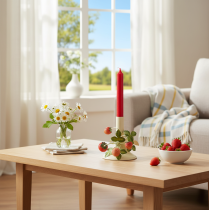 položky Kovový svietnik s jahodovou dekoráciou, letný krém, V13cm