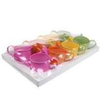 položky Farebná dekoratívna krhlička na polievanie, Ø11cm, V9,5cm, na sadenie, jarná dekorácia stola, kovová, sada 8 kusov