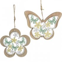položky Motýľ na zavesenie, drevený prívesok kvet, jarná dekorácia s trblietkami V11/14,5cm 4ks