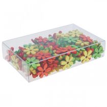 položky Drevené kvety rozptylová dekorácia kvety drevo oranžová/žltá/zelená Ø2cm 144ks