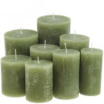 položky Jednofarebné sviečky olivovozelené rôzne veľkosti