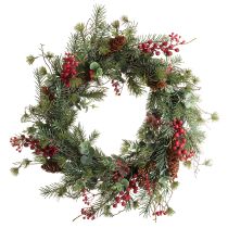 položky Umelý adventný veniec s červenými bobuľami, dekoratívny veniec Ø45cm