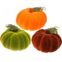 Deco tekvica vločkovaná mix oranžová, zelená, červená jesenná dekorácia 16cm 3ks