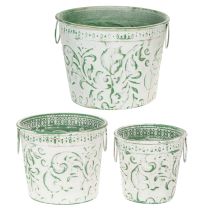položky Kovové kvetináče s rúčkami, kvetináče s razbou, biele, zelené, shabby chic, V 20,5/18,5/16 cm, Ø 25,5/20,5/15,5 cm, sada 3 kusov