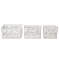 položky Kovové misky s čipkovaným vzorom, dekoratívna nádoba, štvorcové, shabby chic, biele, 27/23/19 cm, V 13,5 cm, sada 3 kusov
