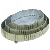 položky Podnos na zdobenie, podnos na sviečky oválny, kovová dekorácia strieborná, zelená shabby chic L25/22/18cm V6cm sada 3ks