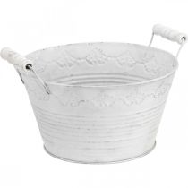 Kovová nádoba, ozdobná miska so vzorom, kvetináč s drevenými rúčkami biela, strieborná Ø21,5cm V14,5cm Š24,5cm