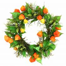 Článok Umelý veniec z Physalis, oranžový a zelený, Ø28cm, jesenná dekorácia
