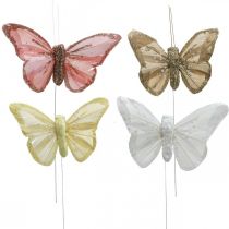 položky Motýle so sľudou, svadobná výzdoba, ozdobné zátky, pierko motýlik žltá, béžová, ružová, biela 9,5×12,5cm 12ks