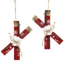 Pár lyží červené na zavesenie vianočný stromček 13,7cm x 7cm 3ks