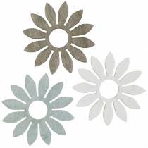 Letné kvety drevená dekorácia kvety hnedá, svetlo šedá, biela rozsypaná dekorácia 72 kusov