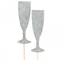 Silvestrovská dekorácia pohár na šampanské strieborná kvetinová zátka 9cm 18ks