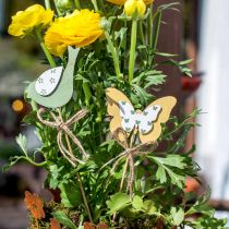 položky Zástrčka vtáčik motýľ, drevená dekorácia, rastlinná zátka jarná dekorácia zelená, žltá L24/25cm 12ks