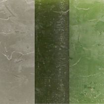 položky Sada stĺpových sviečok, 3 farby, zelená, jednofarebné sviečky, dekorácia na stôl, 70x120 mm, 12 kusov