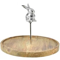 Drevený podnos prírodný králik dekoračný kov strieborný Ø27,5cm V21cm