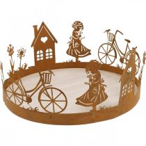 položky Ozdobný podnos dievča s kvetom, kovová dekorácia s domčekom na bicykel patina púpava Ø24cm V11cm