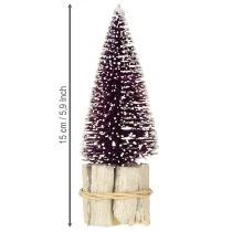 položky Dekoratívny vianočný stromček vo fialovej farbe so snehovou špičkou na rustikálnom drevenom podstavci 15 cm, 3 kusy.
